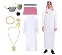 Ajuanbazha Vestito Arabo Uomo Completo da Sceicco, Costume Sceicco Uomo Carnevale con Tunica Bianca, Anello per Dita, Collane, Braccialetto, Occhiali da Sole, per Carnevale, Feste, Cosplay