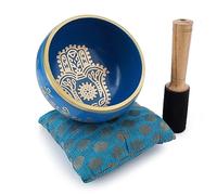 Ajuny Ciotola Tibetana Buddista - Mano di Hamsa Fatima - Suono di Meditazione Campana OM Blu - Accessori per Rilassamento e Meditazione del Diametro di 4 Pollici - Bastone e Cuscino Inclusi