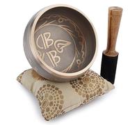 Ajuny Ciotola Tibetana Buddista - Occhi di Buddha - Suono di Meditazione Campana OM Beige - Diametro 4 Pollici per Accessori per Rilassamento e Meditazione - Bastone e Cuscino Inclusi