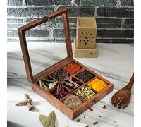 Ajuny Masala Dabba in Legno con 9 Scomparti e Coperchio Vetro - 8x8 Pollici