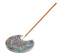 Ajuny Porta Incenso Rotondo in Alluminio con Raccoglitore per Cenere Stile Tibetano a forma di Luna con Sette Pietre Meditazione Arredamento Spirituale per la Casa (Finitura Argento, 10 cm)