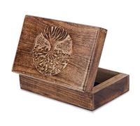 Ajuny - Scatola decorativa fatta a mano in legno con incisioni di alberi al centro, colore marrone, per gioielli o come scatola per orologi, 8 x 5 cm