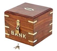 Ajuny Scatola Salvadanaio in Legno Realizzata a Mano Decorativa Quadrata con Serratura e Chiave Salvadanaio Portamonete Intarsio in Ottone Regali di Compleanno Decorazioni per la Casa 6x6 pollici