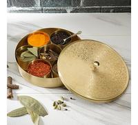Ajuny Scatola Spezie Ottone Masala Dabba 8 Pollici Oro con Coperchio Decorato, 7 Vasetti Rimovibili, 1 Cucchiaio - Porta Spezie Rotondo per Erbe, Cucina Indiana, Regalo Elegante
