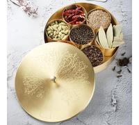 Ajuny Scatola Spezie Ottone Masala Dabba 8 Pollici Oro con Coperchio Decorato, 7 Vasetti Rimovibili, 1 Cucchiaio - Porta Spezie Rotondo per Erbe, Cucina Indiana, Regalo Elegante