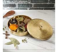 Ajuny Scatola Spezie Ottone Masala Dabba 8 Pollici Oro con Coperchio Decorato, 7 Vasetti Rimovibili, 1 Cucchiaio - Porta Spezie Rotondo per Erbe, Cucina Indiana, Regalo Elegante