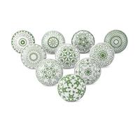 Ajuny Set di 10 bottoni in ceramica - verde bianco, stampati, realizzati a mano, per cucina, bagno, cassettiera, cassetti, armadietto, maniglie decorative in ceramica, set di maniglie per mobili