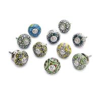 Ajuny Set di 10 bottoni in ceramica verde in diversi colori, dipinti a mano con motivo floreale per armadi da cucina, cassetti, cassettiere, maniglie in ceramica fatte a mano, bottoni decorativi