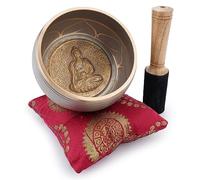Ajuny Set di Campane Tibetane - Campana Sonora in Ottone per Meditazione Realizzata a mano con Bastone e Cuscino per Yoga, Consapevolezza e Sollievo Dallo Stress, Regali Spirituali - Beige