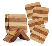 Ajuny Sottobicchieri in Legno con Supporto Set da 4 - Sottobicchieri Quadrati 10x10 cm Fatti a Mano, Protezione Tavolo Antigraffio, Porta Bicchieri Decorativo per Casa Ufficio Cucina Tavolino