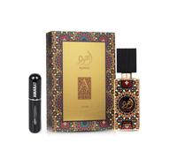 Ajwad Eau de Parfum 60 ml, profumo arabo unisex a lunga durata, con atomizzatore ricaricabile 5 ml, fragranza orientale dolce floreale legnoso con note di frutta, rosa e vaniglia (Ajwad)