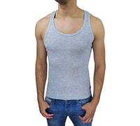 AK collezioni Canotta T-Shirt Uomo a Costine Sportiva Elasticizzata Canottiera Bianco Blu Grigio Nero Giallo Verde Slim Fit Super Aderente (L, Grigio)