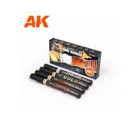 AK1300 AK Interactive: Set 4x Pennarelli Liquid Metal (Gold, Chrome, Old Bronze,
