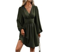 AKAILY Vestito Donna Elegante Abiti Estivi delle Donne V-Neck Lanterna Maniche Piegheggiato Abito Casual Vita Alta A-Line Vestito-Verde-m