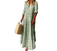 AKAILY Vestito Donna Elegante Abito Estivo da V Collo A Manicotto Lungo Manica Vintage di Grandi Dimensioni Abiti Sciolti-Verde-XL
