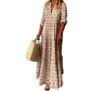 AKAILY Vestito Donna Elegante Abito Estivo da V Collo A Manicotto Lungo Manica Vintage di Grandi Dimensioni Abiti Sciolti-Rosa-l