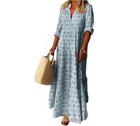AKAILY Vestito Donna Elegante Abito Estivo da V Collo A Manicotto Lungo Manica Vintage di Grandi Dimensioni Abiti Sciolti-Blu-XXL