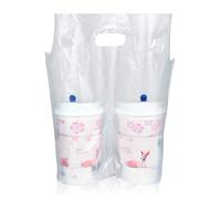 Akamino - 100 sacchetti professionali per bevande, con manico in plastica, confezione da 2 tazze, portatutto portatile da appendere per la consegna da estrarre bevande e succo di latte (12 x 20,6 cm)
