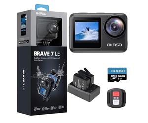 AKASO Brave 7 LE Action Cam 4k30FPS 20MP con scheda di memoria U3 da 64 GB IPX7 impermeabile EIS 2.0 fotocamera touch screen doppio schermo fotocamera sportiva 40 m WiFi