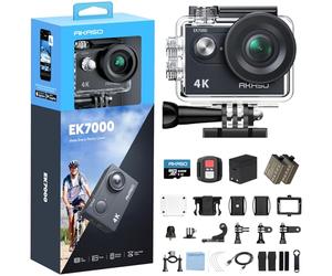 AKASO EK7000 - Action Cam 4K con Scheda di Memoria MicroSDXC da 64GB | Con EIS, Custodia Impermeabile fino a 30 m, Telecomando, Zoom 4× e Supporto per Microfono Esterno