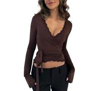 AKDJGFP Scaldacuore Danza Donna Top Avvolgente da Donna con Bordo in Pizzo, Maniche Lunghe, Scollo a V, for Allenamento e Yoga, vestibilità Slim, con Lacci sul Davanti(Color 02,XL)