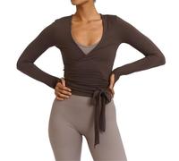 AKDJGFP Scaldacuore Danza Donna Top Avvolgente da Donna for Allenamento, Yoga, Danza, Balletto, Pilates, Manica Lunga, Sottile, Annodato sul Davanti(Brown,M)