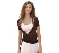 AKDJGFP Scaldacuore Danza Donna Top Corto da Donna con Incrocio Incrociato e Lacci, Manica Corta, Scollo a V Profondo, Tinta Unita, vestibilità Slim, t-Shirt da Yoga e Allenamento da Donna(Brown,S)