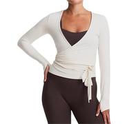 AKDJGFP Scaldacuore Danza Donna Top Corto da Donna, da Yoga e Danza, a Maniche Lunghe, con Laccetti sul Davanti, for Uscire, Stile Balletto e Pilates(White,S)