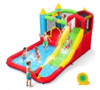 AKEYDIY Castello Gonfiabile Acquatico per Bambini con Scivolo, Piscina e Cannone ad Acqua, Parco Giochi Gonfiabile da Giardino con Trampolino, Canestro e Parete da Arrampicata, Soffiatore Incluso