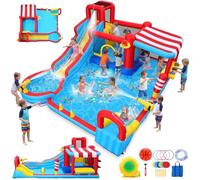 AKEYDIY Castello gonfiabile gonfiabile con scivolo d'acqua, due pistole ad acqua, scivolo lungo, piscina e cestino da basket, un must per ogni festa estiva e un grande regalo per bambini dai 5 ai 12