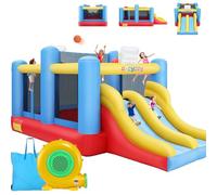 AKEYDIY Gonfiabile castello gonfiabile con soffiatore, doppio scivolo da arrampicata, cestino da basket, rete da pallacanestro, grande trampolino adatto per interni ed esterni, tessuto Oxford 840+420D
