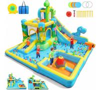AKEYDIY Scivolo d'acqua gonfiabile, 13 in 1, parco acquatico con dinosauri per bambini dai 3 ai 12 anni, con due grandi piscine per bambini, scivolo lungo, gioco di lancio ad anelli, cannone ad acqua