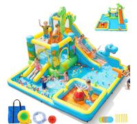 AKEYDIY Scivolo d'acqua grande per bambini di età compresa tra 3 e 12 ragazze/ragazzo, tema dinosauro, casa gonfiabile gonfiabile, ventilatore da 550 W, scivoli lunghi e corti, piscina per bambini