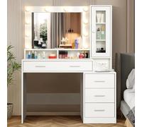 AKEYDIY Tavolo da trucco con specchio e luci, moderno tavolo da trucco con presa multifunzione, cassetto e 3 modalità di illuminazione per donna