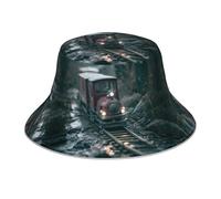 AKGFFDS Cappello da pescatore riflettente double-face, piccolo treno su binari, pieghevole, per spiaggia, campeggio, nero