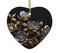 AKGFFDS Ciondolo in ceramica con camelia dorata con stampa natalizia con corda metallica dorata per appendere facilmente la decorazione