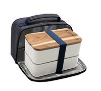 akinod - Scatola Bento + Lunch Bag Isotermica 11H58 - Bento impermeabile, doppio scomparto, bianco - Borsa con manico rinforzato, blu melange - compatibile con lavastoviglie, congelatore, forno a