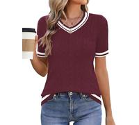 Akiooue Top da donna con scollo a V a maniche corte da donna primavera estate elasticizzato leggero maglioni casual a maglia a trecce top per le donne 2026, Rosso, XXL