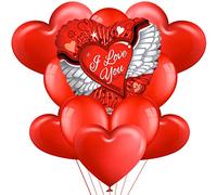Akita Kit Romantico bouquet Cuore XXL 1 Cuore Gigante 5 Palloncini a Forma di Cuore Rossi 5 tondi rossi per Decorazione Romantica San Valentino, Anniversario Matrimonio e Fidanzamento (Cuore con Ali)