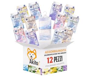 AKITAInk 12 Deumidificatori da Appendere 500 ml, Sacchetti Assorbiumidità con Gancio, Profumazioni Assortite, Perfetti per Armadi, Eliminano Umidità e Odori