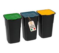 AKITAInk AKIECO3 Pattumiera Raccolta Differenziata 3x50L con Coperchi Colorati - Bidoni Spazzatura in Plastica Resistente per Interni ed Esterni - Casa, Ufficio, Giardino - Made in Italy