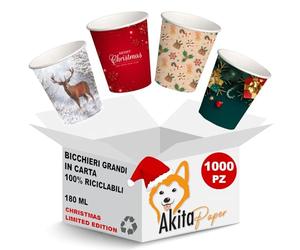 AKITAInk Bicchieri acqua carta - 1000 PZ - 180 ml, bicchieri acqua monouso usa e getta, biodegradabili, bicchieri natale per Feste Motivo Invernale, Natalizi addobbi, Asporto Bevande Calde