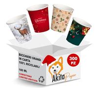 AKITAInk Bicchieri acqua carta - 300 PZ - 180 ml, bicchieri acqua monouso usa e getta, biodegradabili, bicchieri natale per Feste Motivo Invernale, Natalizi addobbi, Asporto Bevande Calde