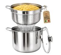 AKITAInk Bollipasta 22 cm in Acciaio Inox con Cestello e Coperchio in Vetro Temperato, Pentola per Pasta con Fondo Termodiffusore e Scolapasta Integrato