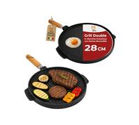 AKITAInk Piastra Grill Double Tonda Antiaderente in Alluminio Pressofuso, Diametro 28 cm, Bifacciale Rigata e Liscia, Manico Rimovibile