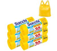 AkitaInk Sacchi Nettezza 40x55 cm con Manici, 180 Sacchetti Colorati Resistenti e Antiforo, 6 Rotoli da 30, Ideali per Bagno, Cucina e Ufficio (Giallo)