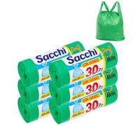 AkitaInk Sacchi Nettezza 40x55 cm con Manici, 180 Sacchetti Colorati Resistenti e Antiforo, 6 Rotoli da 30, Ideali per Bagno, Cucina e Ufficio, Verde