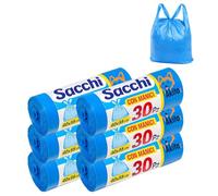 AkitaInk Sacchi Nettezza 40x55 cm con Manici, 180 Sacchetti Colorati Resistenti e Antiforo, 6 Rotoli da 30, Ideali per Bagno, Cucina e Ufficio (Blu)