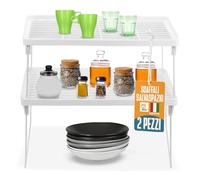 AKITAInk Scaffale Portaspezie, Set di 2 Scaffali Impilabili, Versatili e Robusti con gambe reclinabili - Organizzatori da Cucina Espandibili, Scaffale da Cucina Impilabile, Plastica e Metallo, Bianco