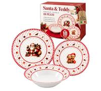 Akitaink Servizio Piatti Natalizi 18 Pezzi in Porcellana per 6 Persone, Set con 6 Piatti Piani 27 cm, 6 Fondi 23 cm e 6 Dessert 20 cm, Fantasia Santa & Teddy